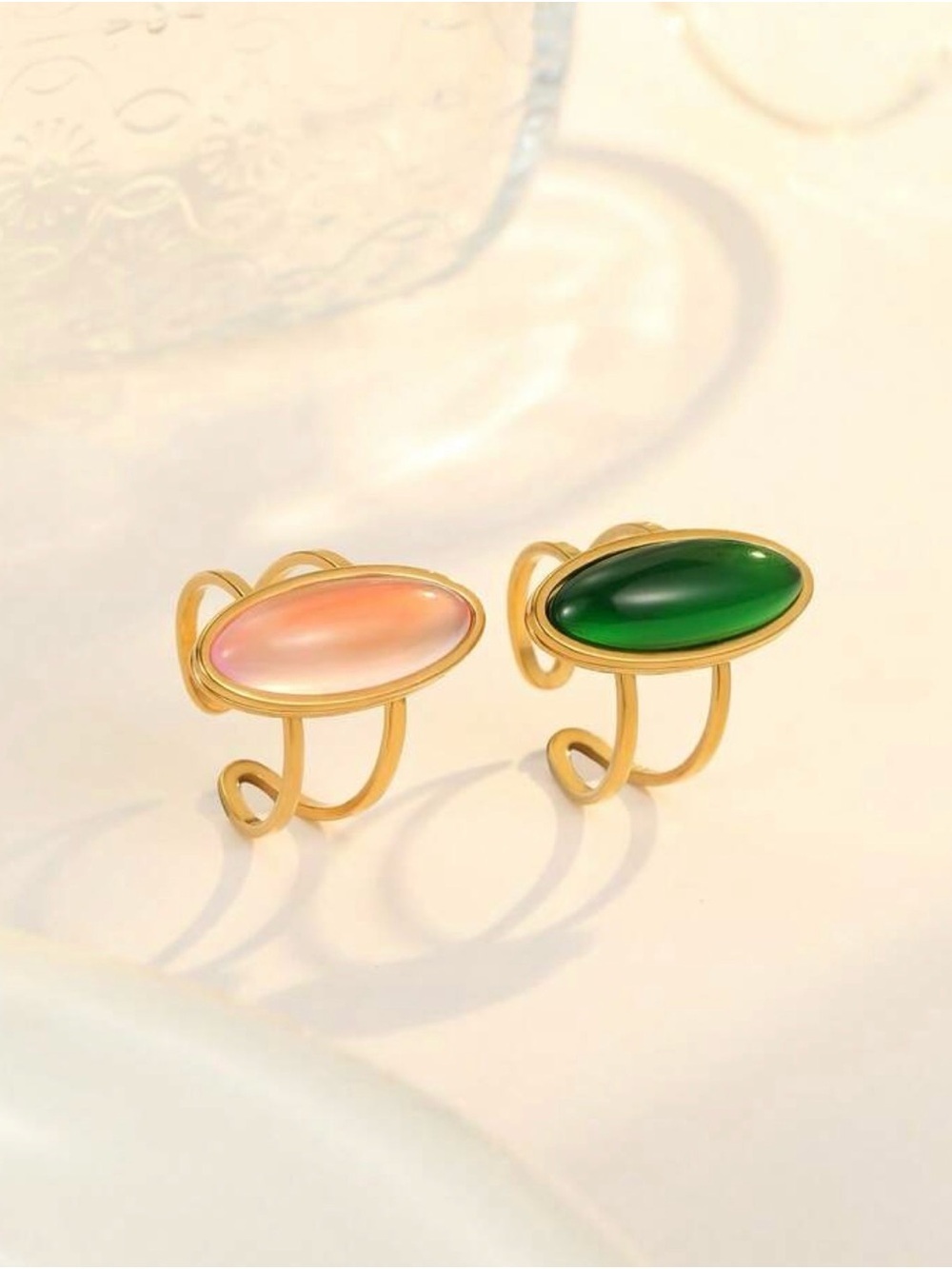 Gold-Set Oval Gemstone Stacking Rings in Green and Pink - Picture 2 of 2